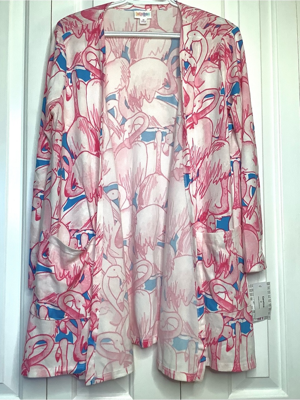 LuLaRoe NWT Caroline Pink/White & Blue Knit Cardigan 2 Functional Front Pockets